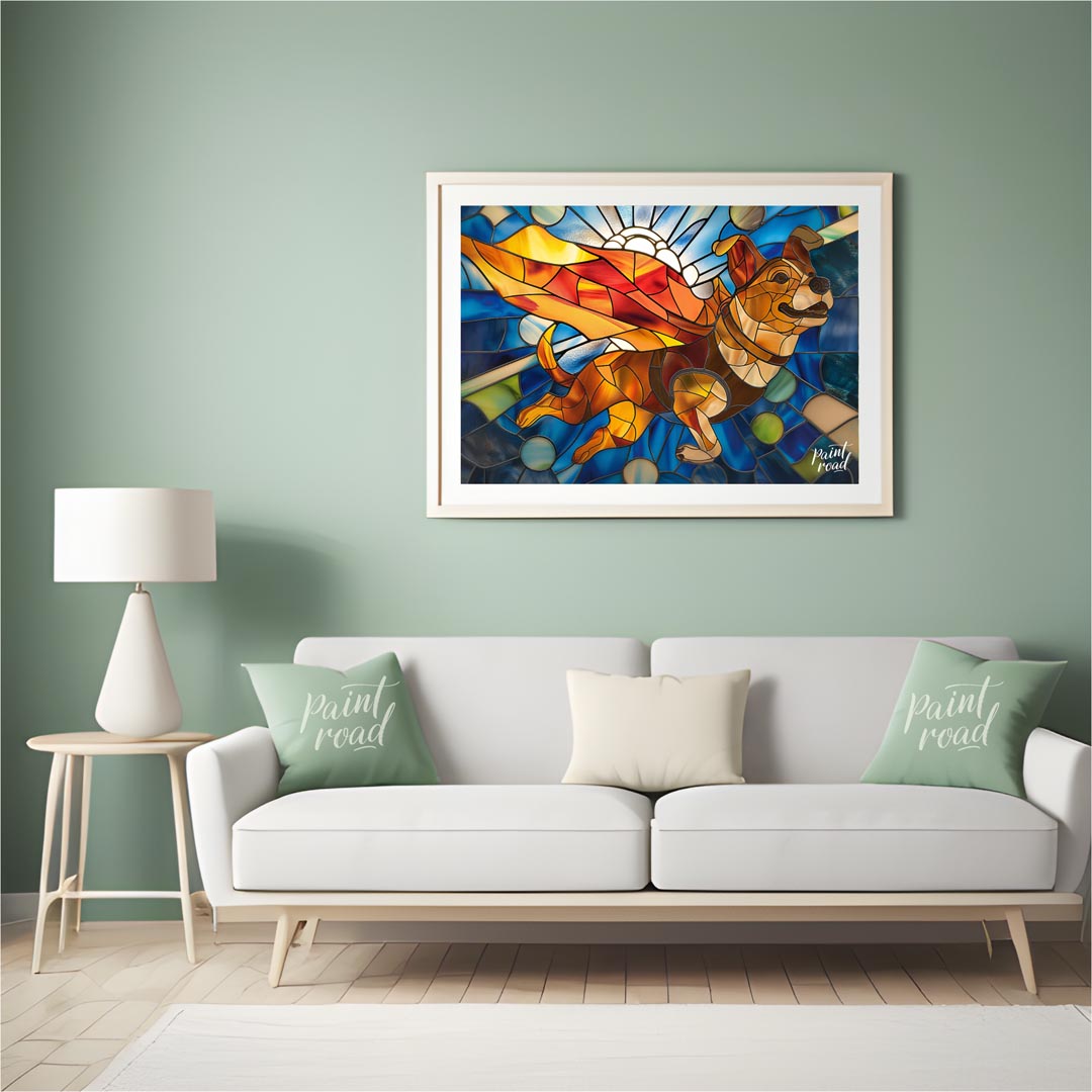 This vibrant image showcases a charming puppy in a stained glass art style, depicted as if flying w… for living room