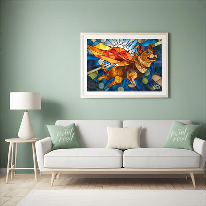 This vibrant image showcases a charming puppy in a stained glass art style, depicted as if flying w… for living room