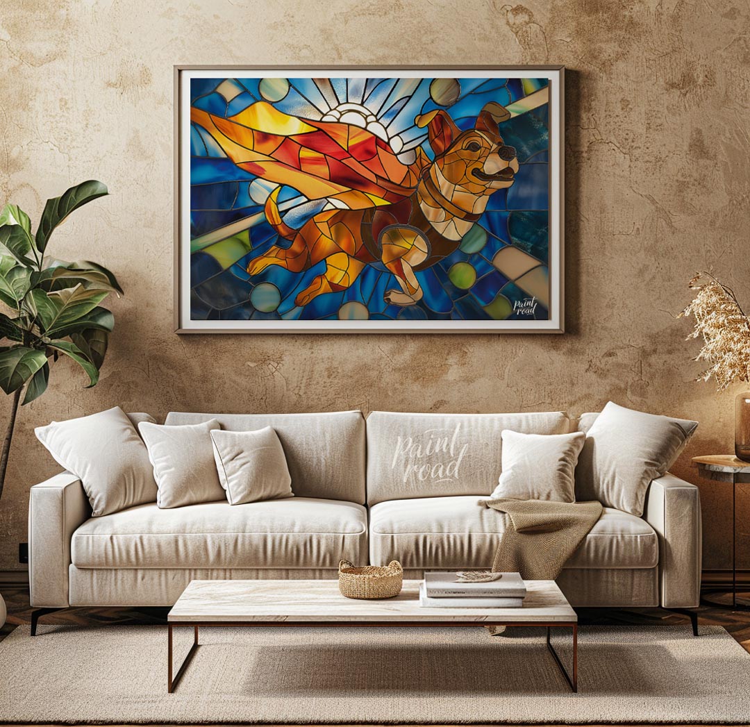 This vibrant image showcases a charming puppy in a stained glass art style, depicted as if flying w… for living room