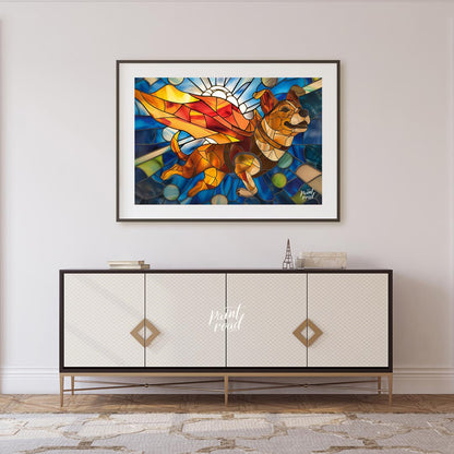 This vibrant image showcases a charming puppy in a stained glass art style, depicted as if flying w… for living room