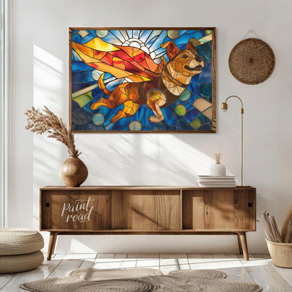 This vibrant image showcases a charming puppy in a stained glass art style, depicted as if flying w… for living room