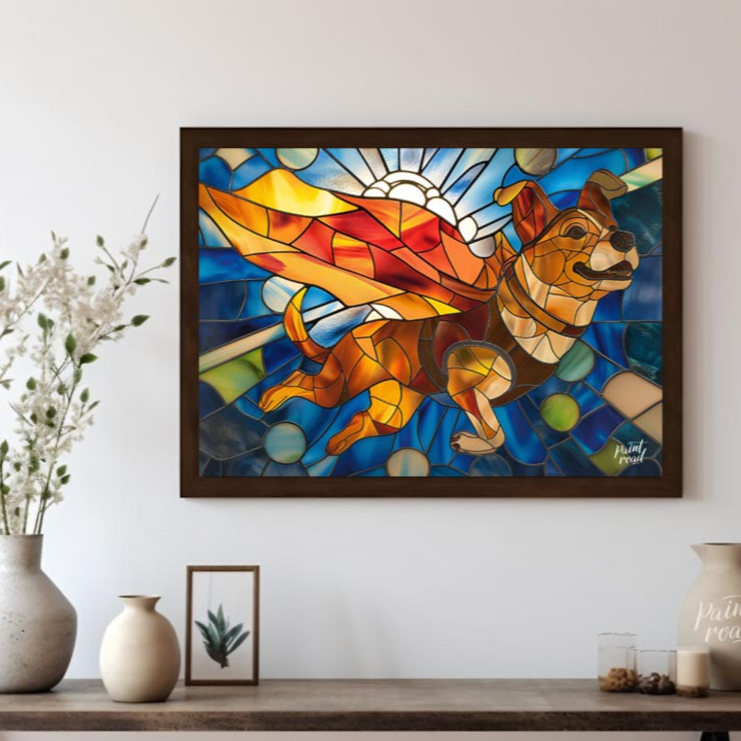 This vibrant image showcases a charming puppy in a stained glass art style, depicted as if flying w… for other