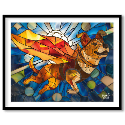 This vibrant image showcases a charming puppy in a stained glass art style, depicted as if flying w… for place