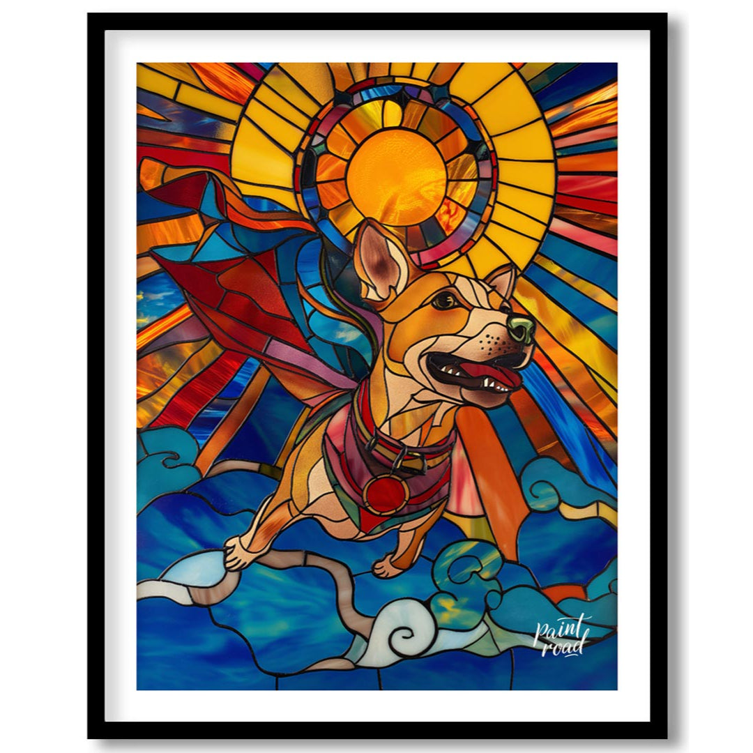 This stunning artwork, rendered in the style of stained glass, features a cheerful superhero dog so… for area