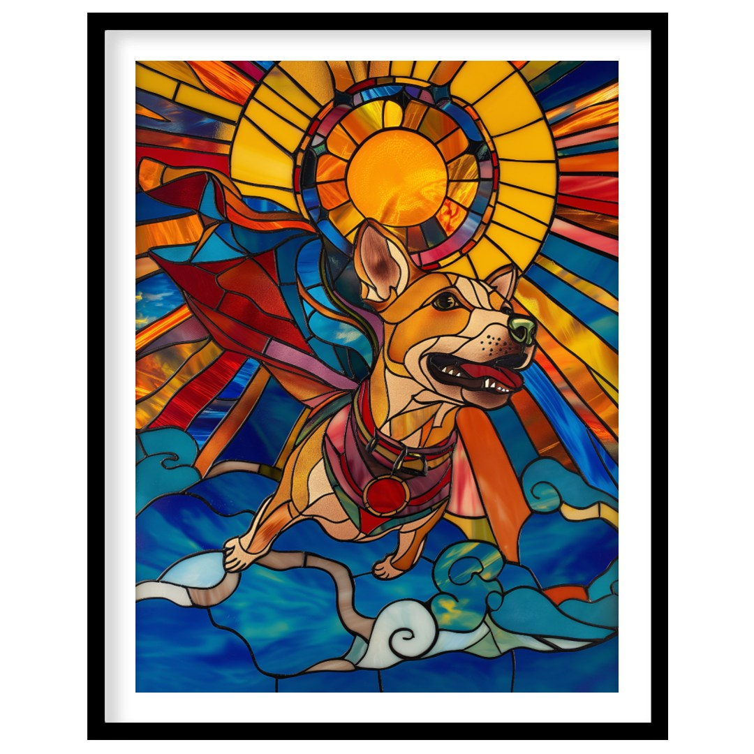 This stunning artwork, rendered in the style of stained glass, features a cheerful superhero dog so… for area