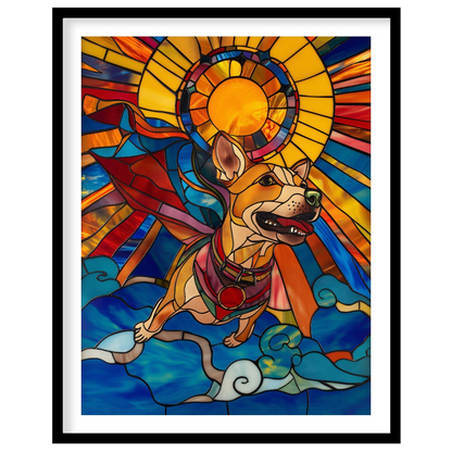 This stunning artwork, rendered in the style of stained glass, features a cheerful superhero dog so… for area