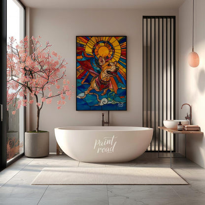 This stunning artwork, rendered in the style of stained glass, features a cheerful superhero dog so… for bathroom