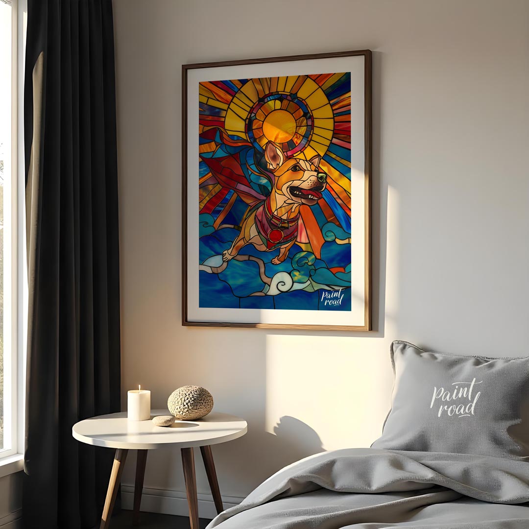 This stunning artwork, rendered in the style of stained glass, features a cheerful superhero dog so… for bedroom