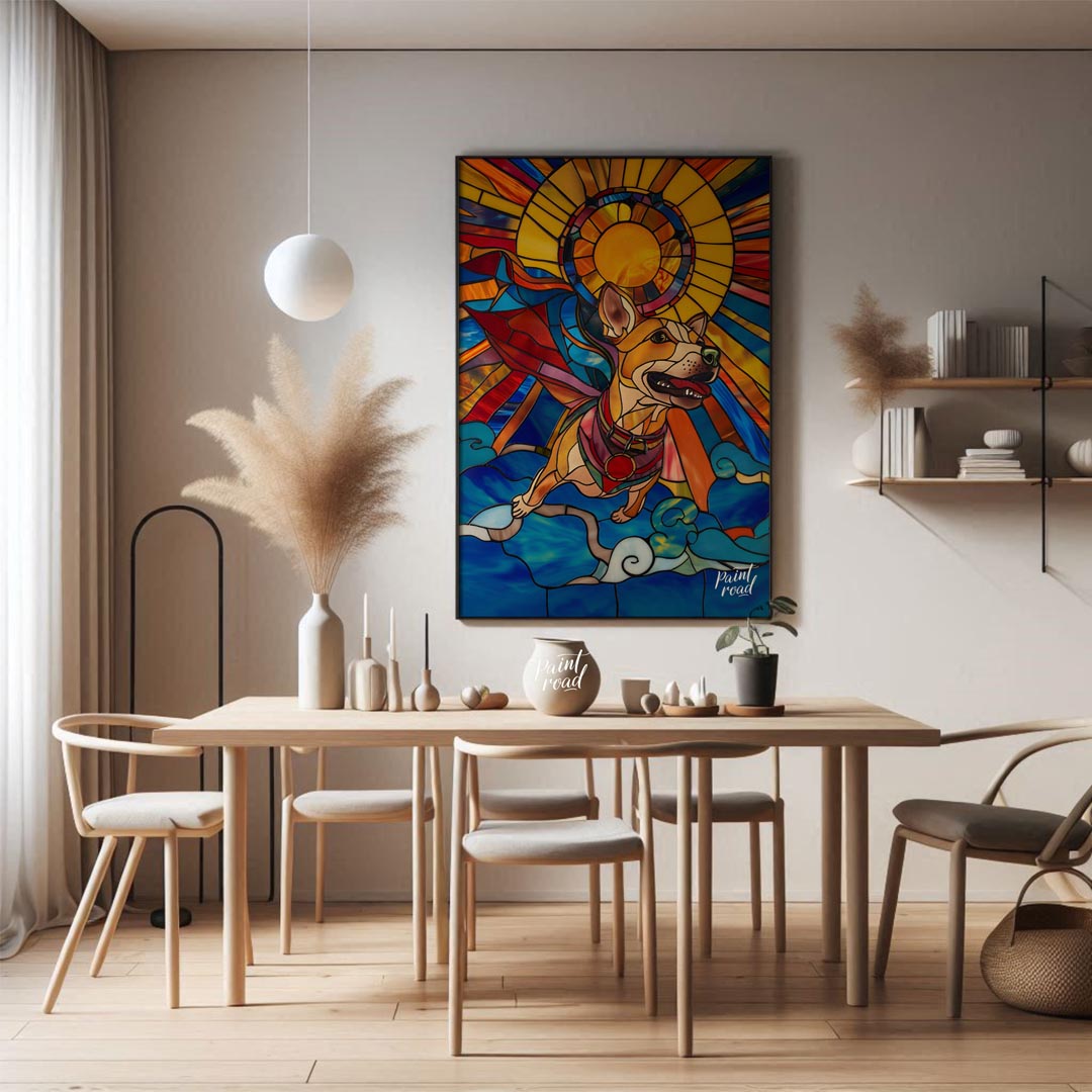 This stunning artwork, rendered in the style of stained glass, features a cheerful superhero dog so… for dining room