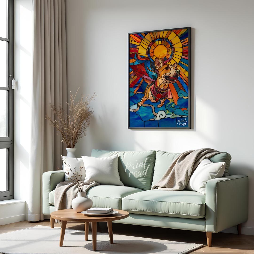 This stunning artwork, rendered in the style of stained glass, features a cheerful superhero dog so… for living room