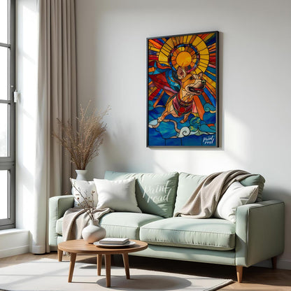 This stunning artwork, rendered in the style of stained glass, features a cheerful superhero dog so… for living room