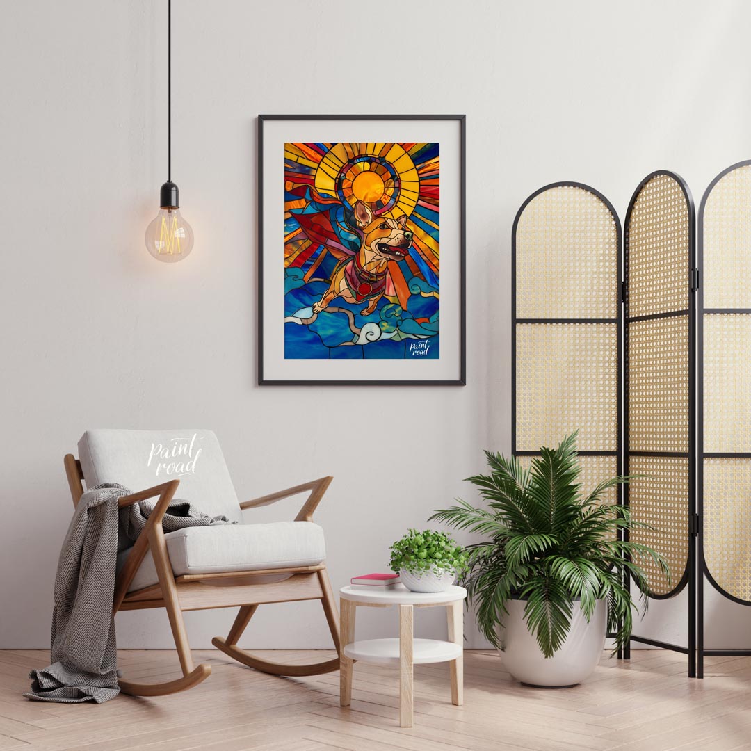 This stunning artwork, rendered in the style of stained glass, features a cheerful superhero dog so… for living room
