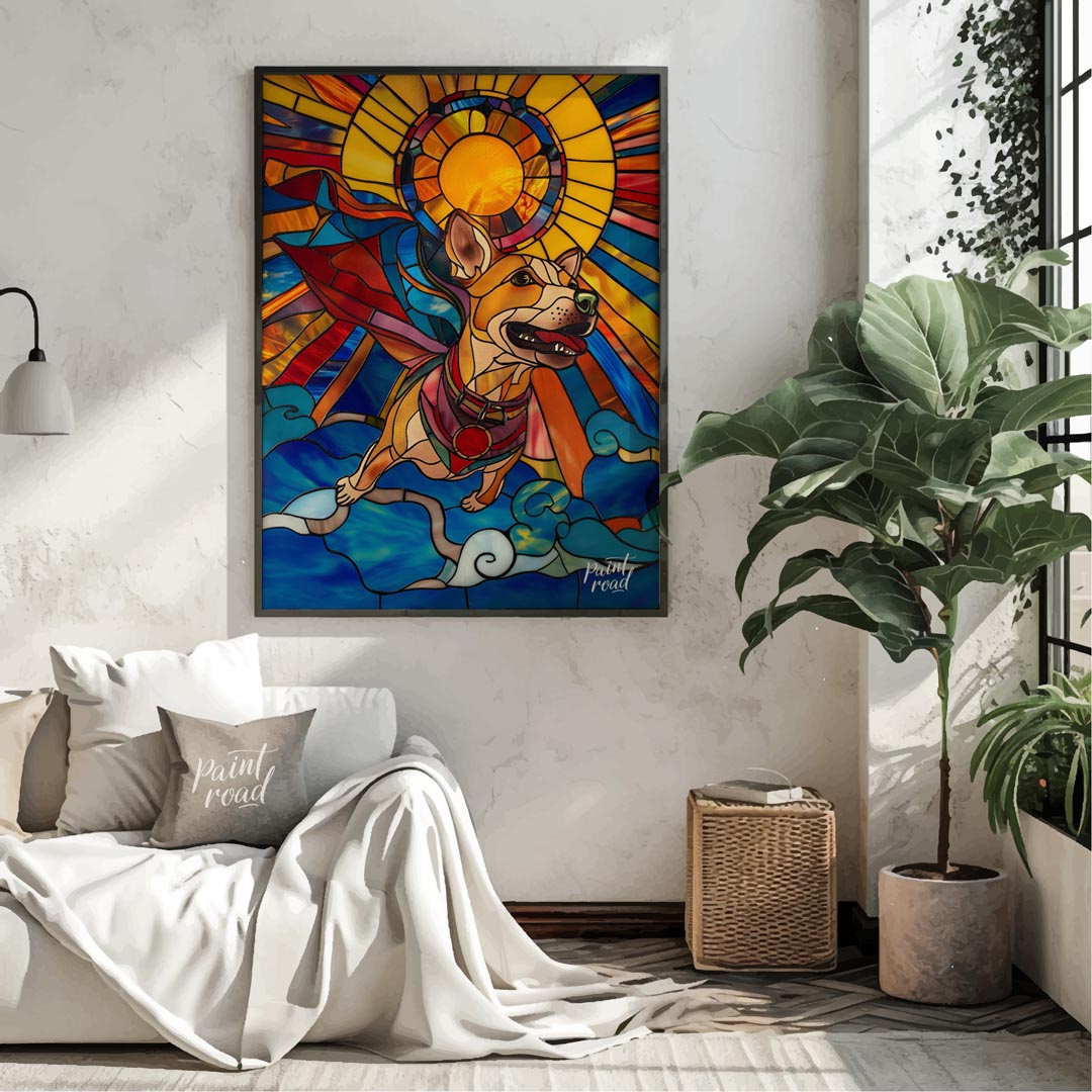 This stunning artwork, rendered in the style of stained glass, features a cheerful superhero dog so… for living room