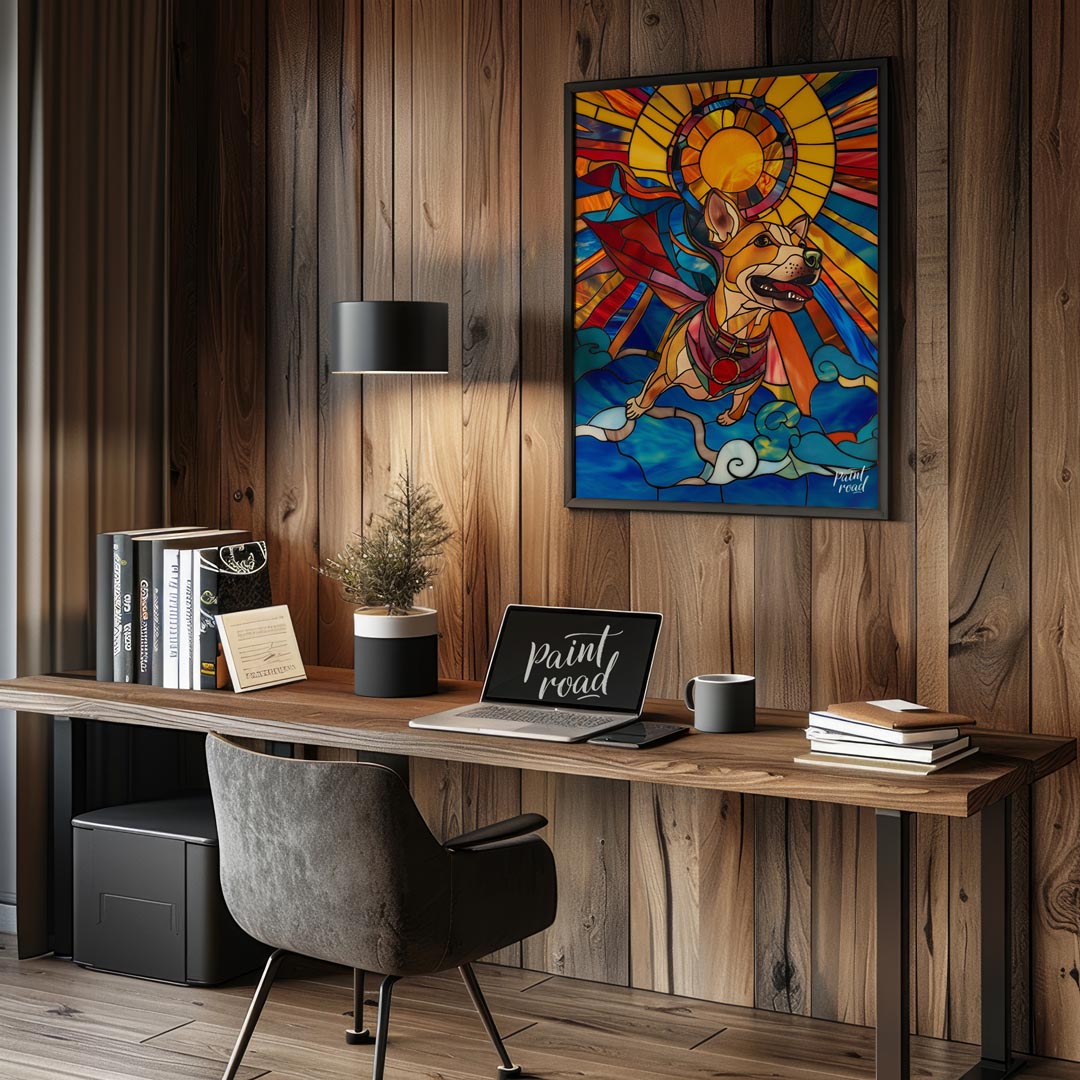 This stunning artwork, rendered in the style of stained glass, features a cheerful superhero dog so… for office