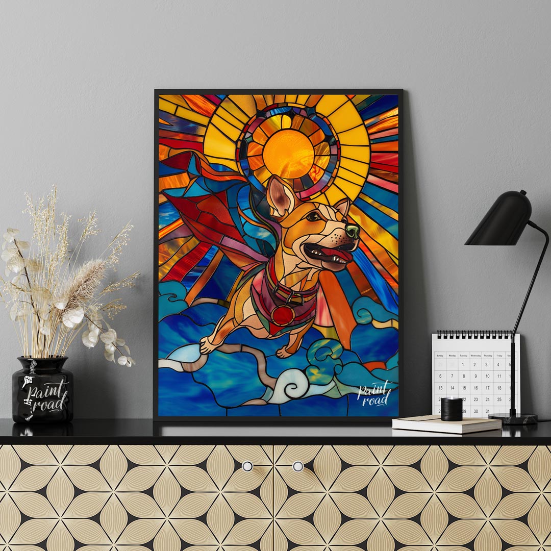 This stunning artwork, rendered in the style of stained glass, features a cheerful superhero dog so… for office