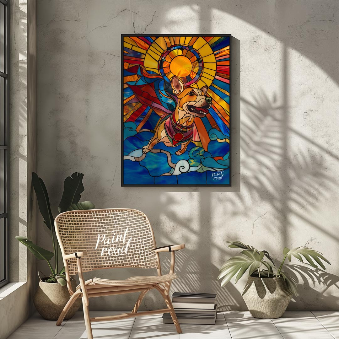 This stunning artwork, rendered in the style of stained glass, features a cheerful superhero dog so… for other