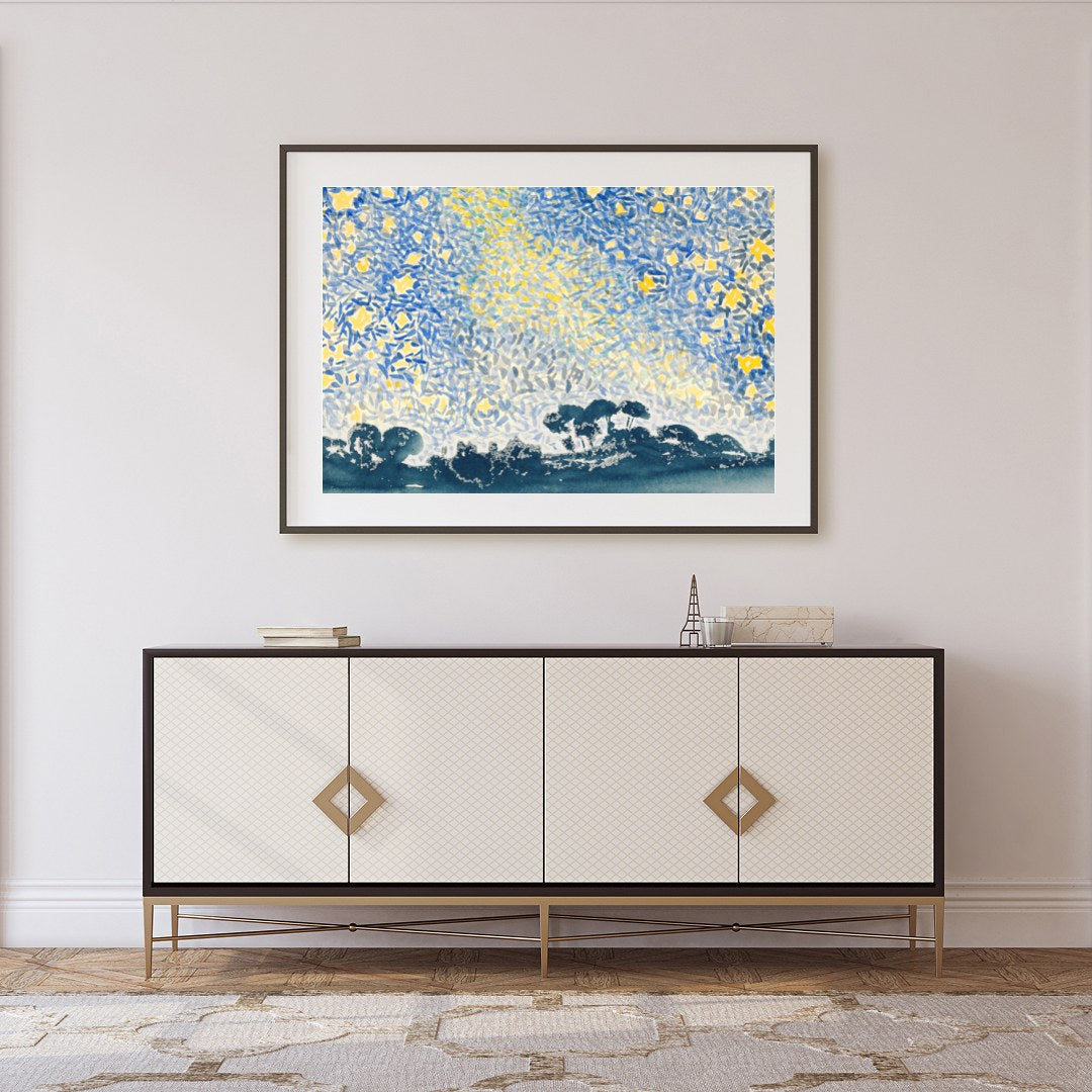This enchanting abstract piece transforms a starry night sky into a kaleidoscope of color and form. for Foyer