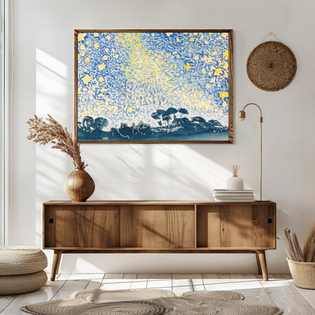 This enchanting abstract piece transforms a starry night sky into a kaleidoscope of color and form. for Sitting Area