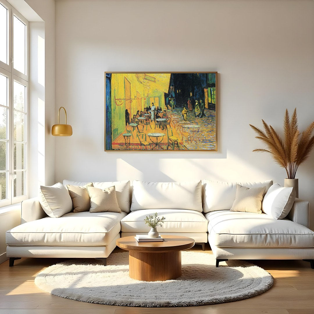 Immerse yourself in the enchanting ambiance of a vibrant cafe scene, beautifully captured with a for Living Room