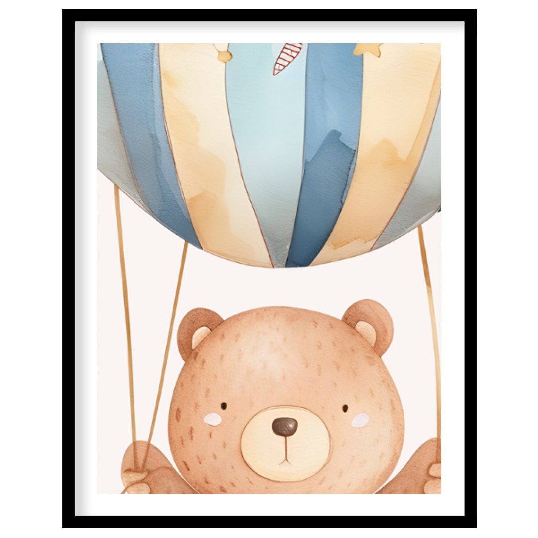 This soothing watercolor illustration captures a teddy bear gently rising into a starlit sky in a c… for room