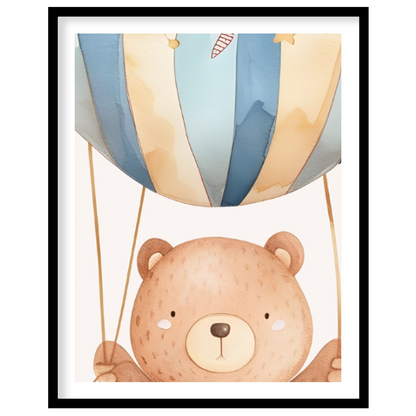 This soothing watercolor illustration captures a teddy bear gently rising into a starlit sky in a c… for room