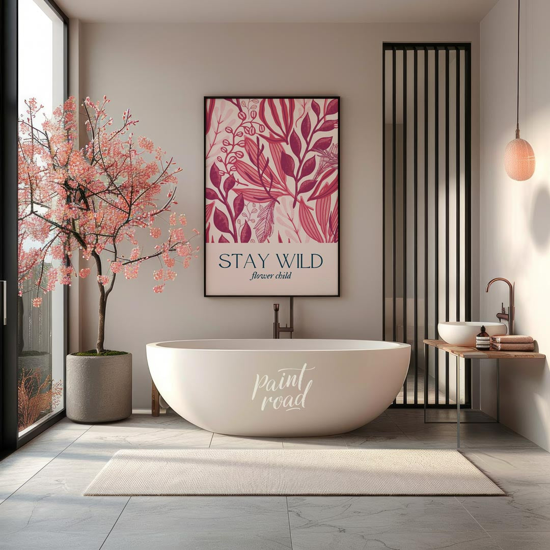 This enchanting botanical illustration bursts with lush, stylized foliage and delicate floral eleme… for bathroom