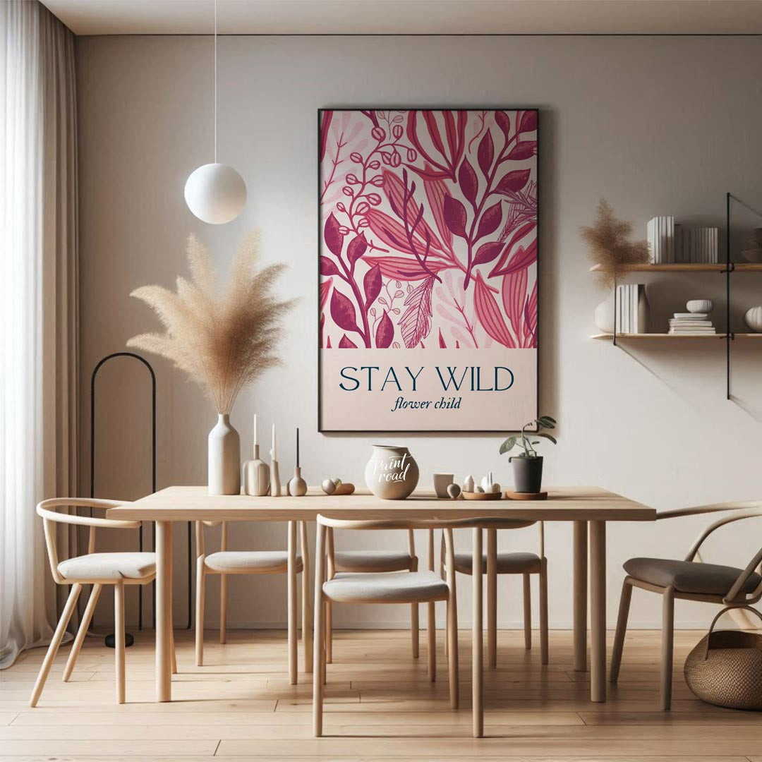 This enchanting botanical illustration bursts with lush, stylized foliage and delicate floral eleme… for dining room