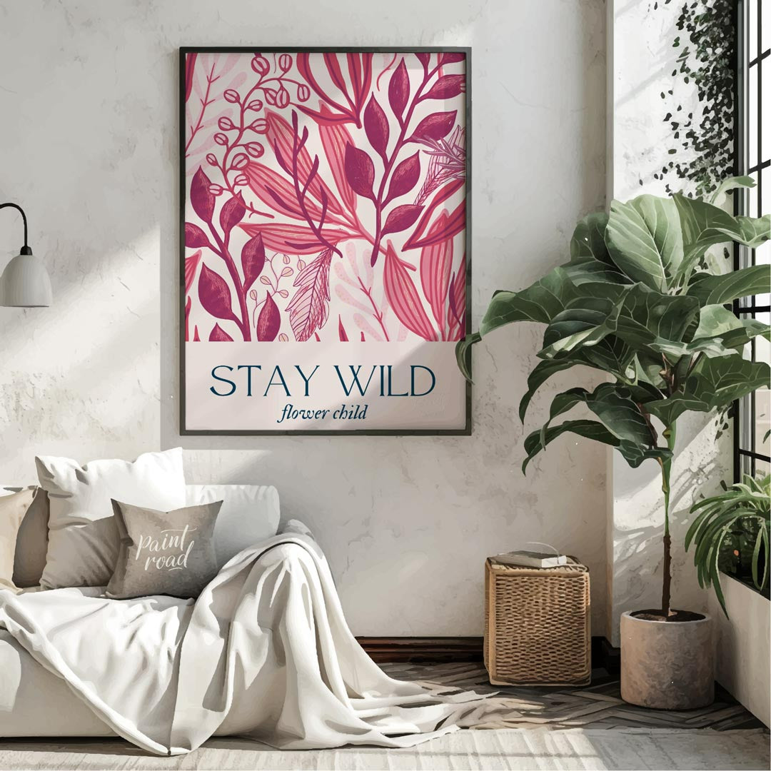 This enchanting botanical illustration bursts with lush, stylized foliage and delicate floral eleme… for living room