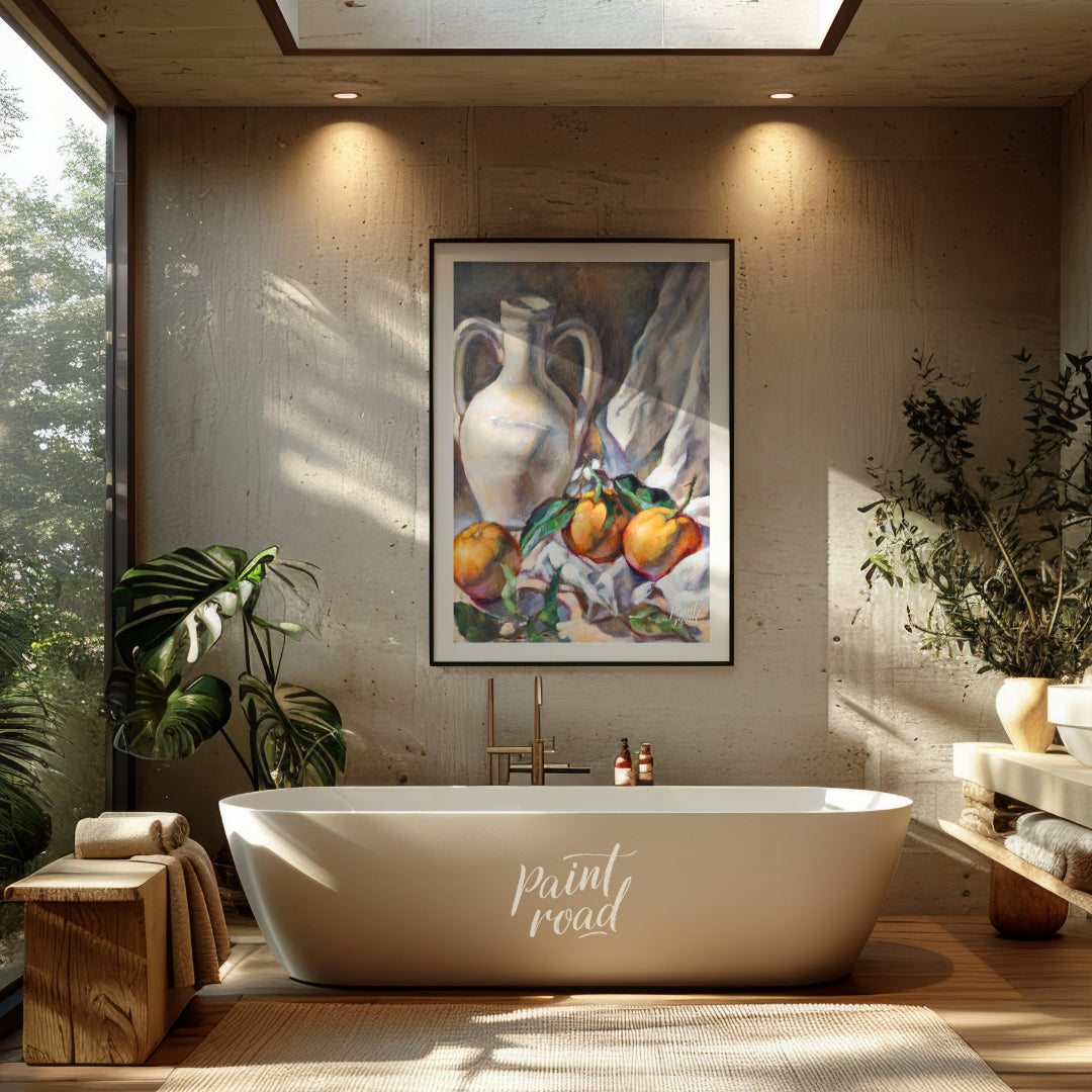 This still life painting captures a serene arrangement of a white ceramic jug and three citrus frui… for bathroom