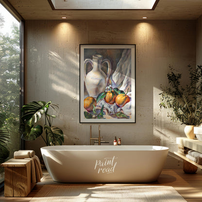 This still life painting captures a serene arrangement of a white ceramic jug and three citrus frui… for bathroom