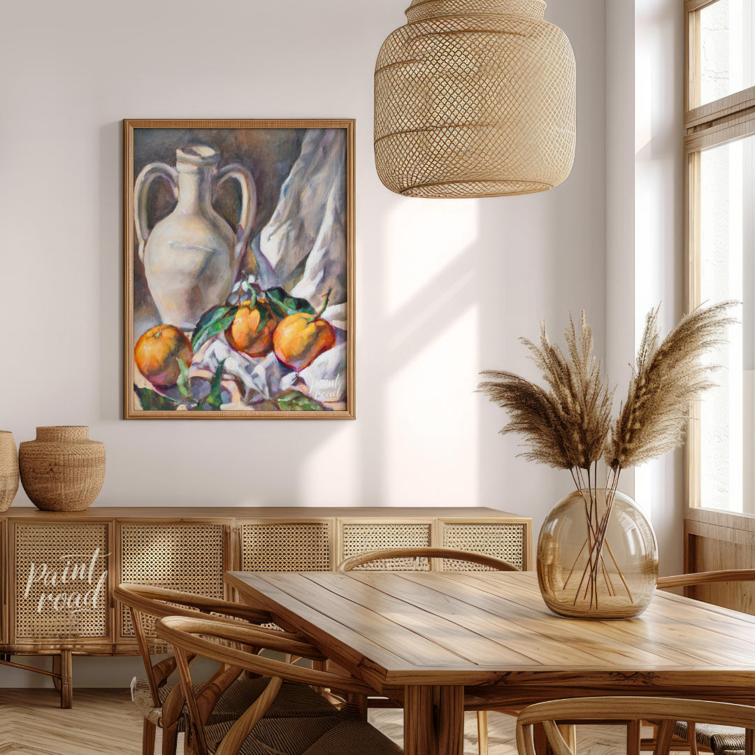 This still life painting captures a serene arrangement of a white ceramic jug and three citrus frui… for dining room