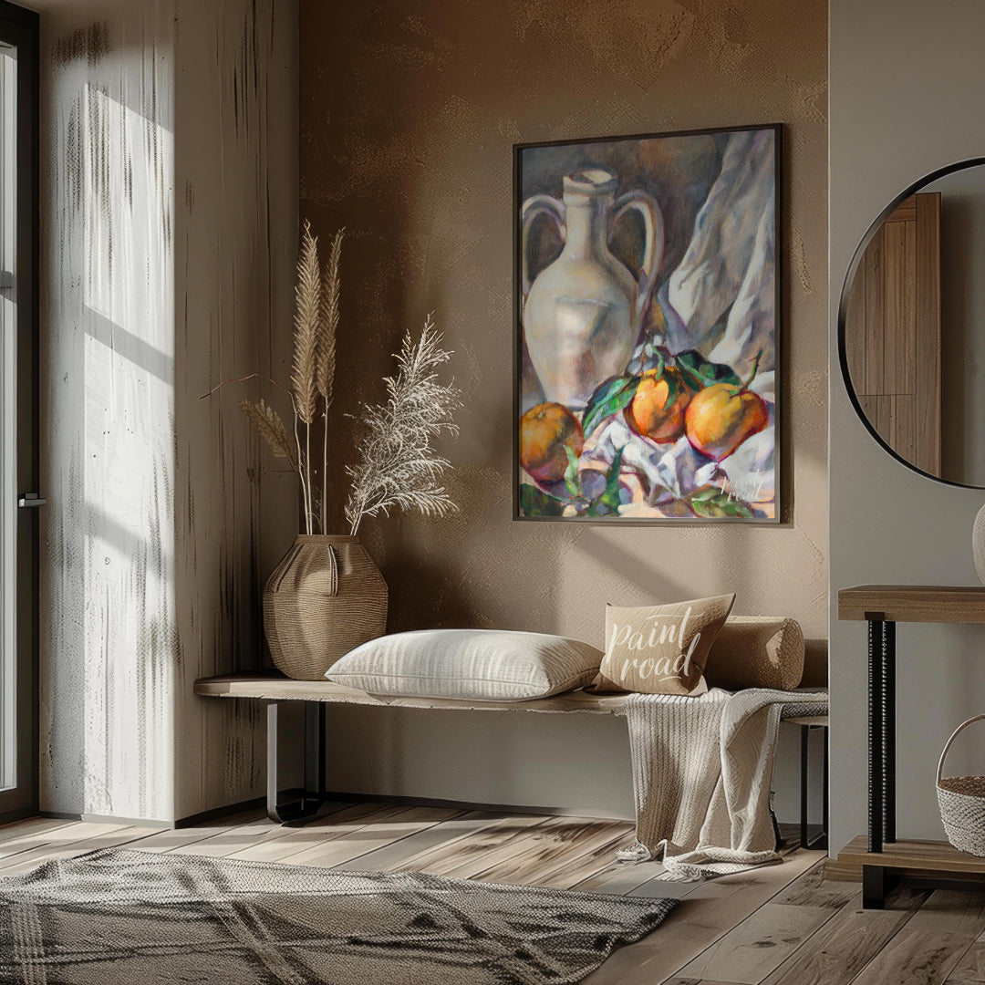 This still life painting captures a serene arrangement of a white ceramic jug and three citrus frui… for entryway