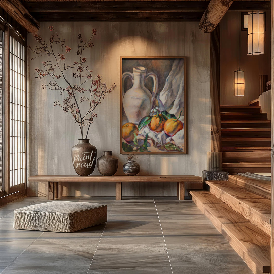 This still life painting captures a serene arrangement of a white ceramic jug and three citrus frui… for entryway