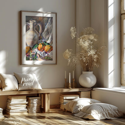 This still life painting captures a serene arrangement of a white ceramic jug and three citrus frui… for entryway