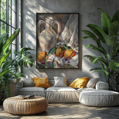 This still life painting captures a serene arrangement of a white ceramic jug and three citrus frui… for living room