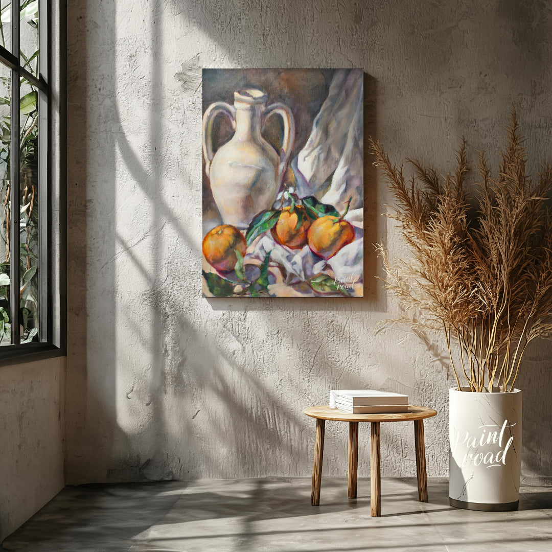 This still life painting captures a serene arrangement of a white ceramic jug and three citrus frui… for living room