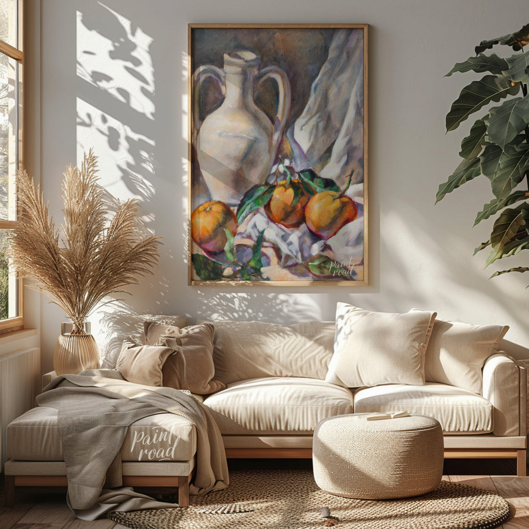 This still life painting captures a serene arrangement of a white ceramic jug and three citrus frui… for living room
