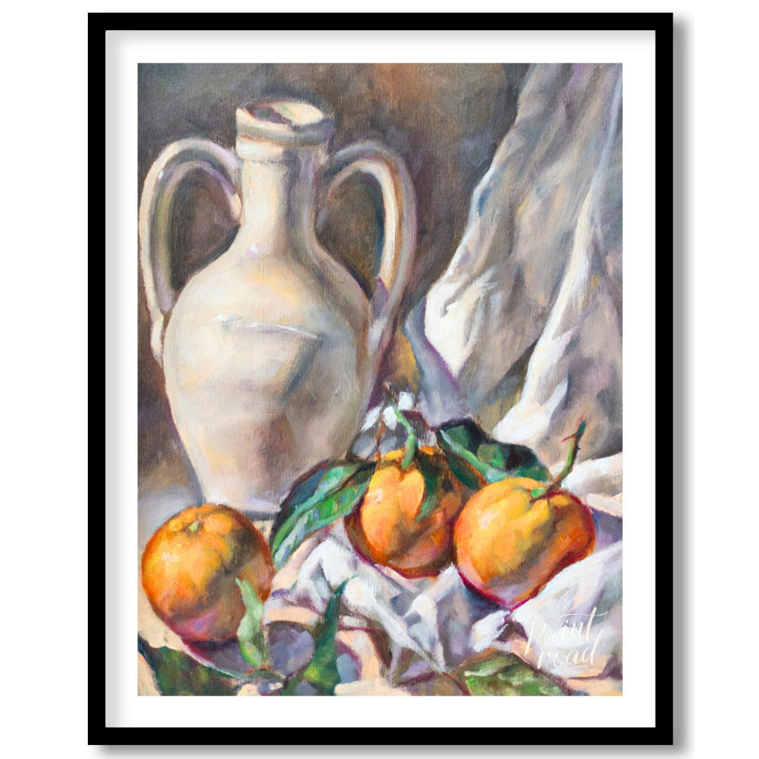 This still life painting captures a serene arrangement of a white ceramic jug and three citrus frui… for place