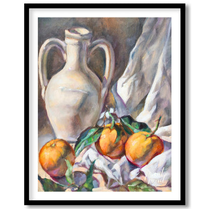 This still life painting captures a serene arrangement of a white ceramic jug and three citrus frui… for place