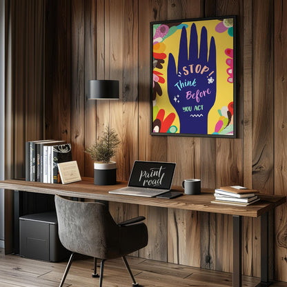 This vibrant and impactful graphic poster delivers a crucial message: “STOP! Think Before YOU ACT.”… for office