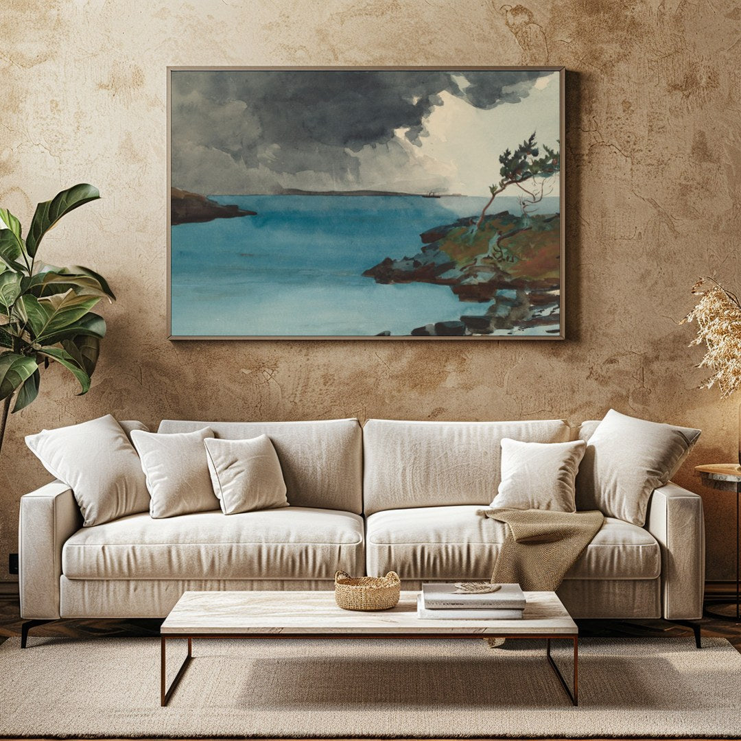 Experience the dramatic interplay of nature in 'Storm Over Tranquil Waters.' This captivating piece for Family Room