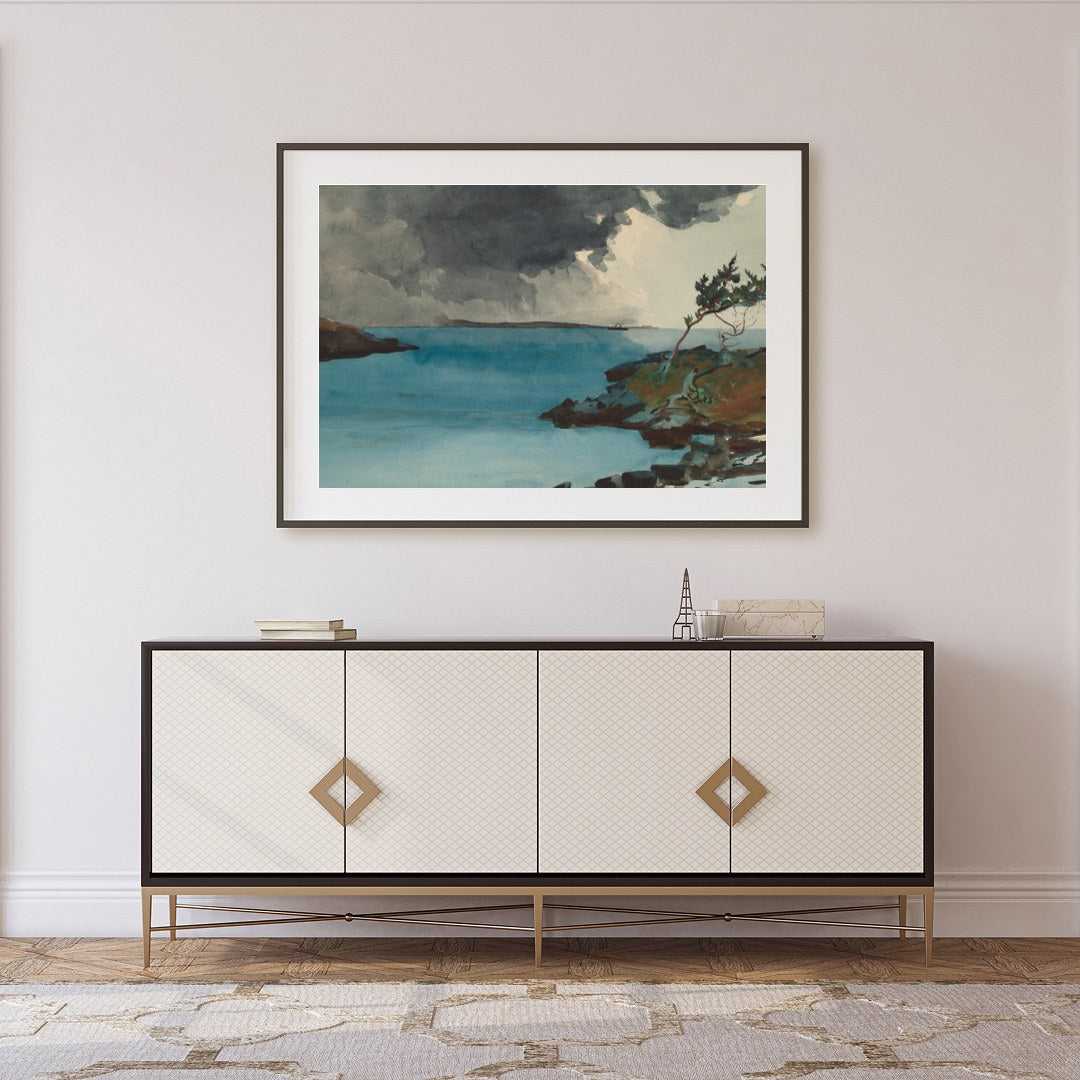 Experience the dramatic interplay of nature in 'Storm Over Tranquil Waters.' This captivating piece for Foyer
