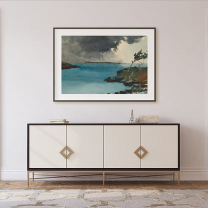 Experience the dramatic interplay of nature in 'Storm Over Tranquil Waters.' This captivating piece for Foyer