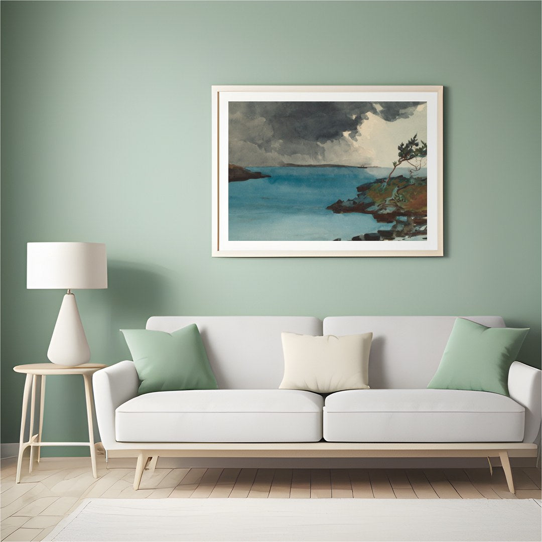 Experience the dramatic interplay of nature in 'Storm Over Tranquil Waters.' This captivating piece for Hall