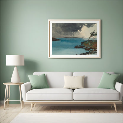 Experience the dramatic interplay of nature in 'Storm Over Tranquil Waters.' This captivating piece for Hall