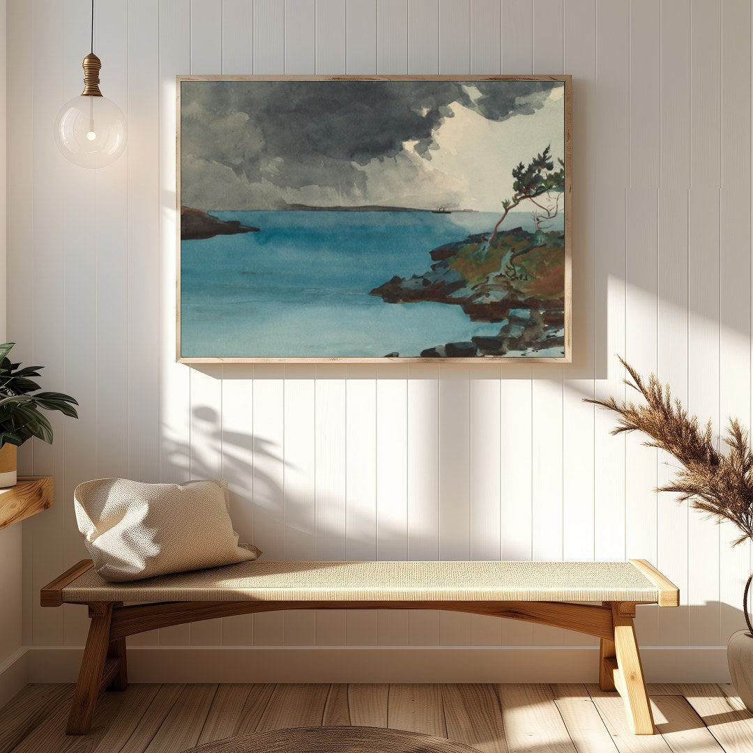 Experience the dramatic interplay of nature in 'Storm Over Tranquil Waters.' This captivating piece for Hallway