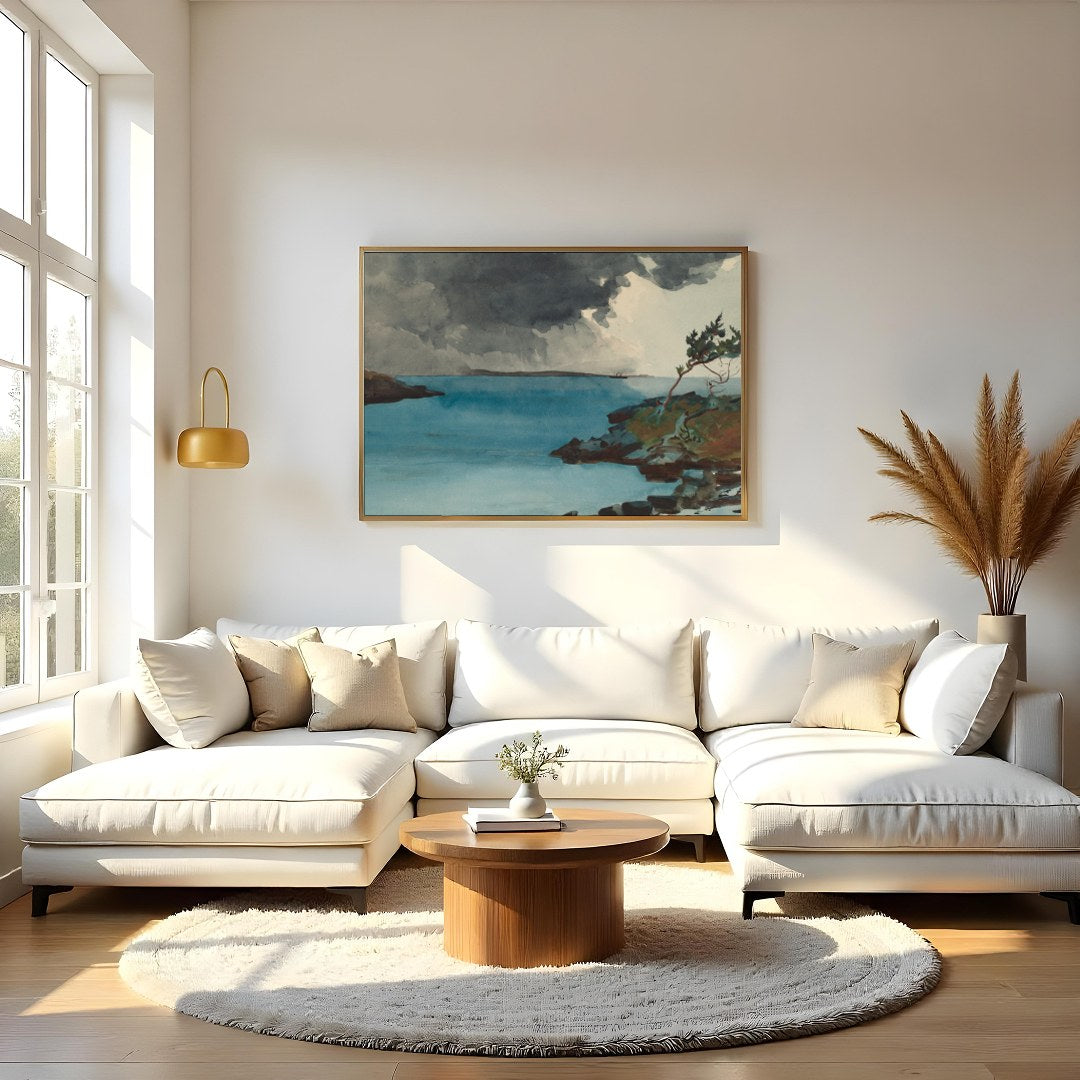 Experience the dramatic interplay of nature in 'Storm Over Tranquil Waters.' This captivating piece for Living Room