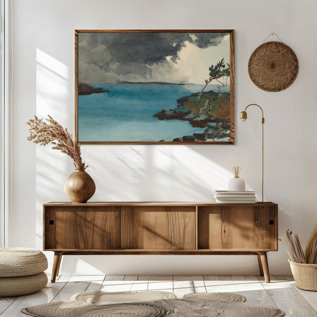 Experience the dramatic interplay of nature in 'Storm Over Tranquil Waters.' This captivating piece for Sitting Area