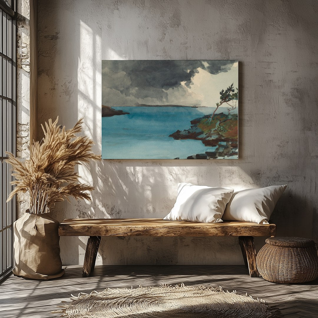 Experience the dramatic interplay of nature in 'Storm Over Tranquil Waters.' This captivating piece for Veranda