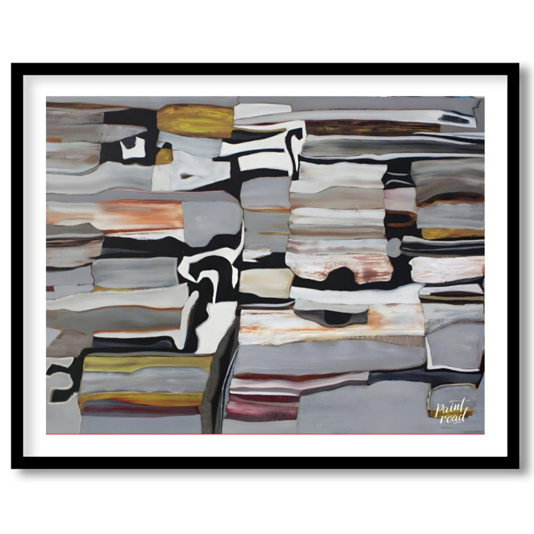 """Stratified Abstraction"" presents a complex abstract composition with a focus on layered forms a… for area
